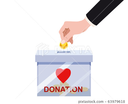 Hand insert golden coin into donate box with text banner donation charity concept. Vector illustration isolated Hand insert golden coin into donate box with text banner donation charity concept. Vector illustration isolated 63979618