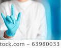 hands gesture of doctor wearing blue gloves, sign for love 63980033