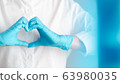 hands gesture of doctor wearing blue gloves, heart shape sign for love 63980035
