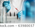 scientist holding blood test tube, lab testing for medication 63980037