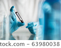 scientist holding blood test tube with covid-19 or coronavirus label, lab testing for inventing pandemic medication 63980038