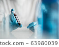 scientist holding blood test tube with covid-19 or coronavirus label, lab testing for inventing pandemic medication 63980039