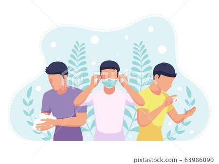 People wearing a face mask wash hands and 63986090