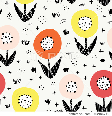 Seamless flower vector pattern. Bold florals Scandinavian flat style repeating background. Botanical 63986719