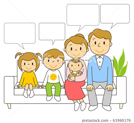 Illustration of a family of five sitting on a sofa 63990176