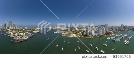 Aerial panorama view of the old city from the yacht club in Cartagena Bay. 63991766