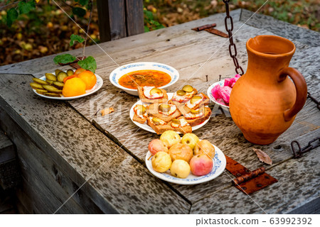 Traditional cossacks' meal with soused cabbage, lardo and poteen Traditional cossacks' meal with soused cabbage, lardo and poteen 63992392