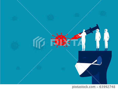 man in hazmat suit hold big injections to fight covid 19 coronavirus illustrator vector. man in hazmat suit hold big injections to fight covid 19 coronavirus illustrator vector. 63992748