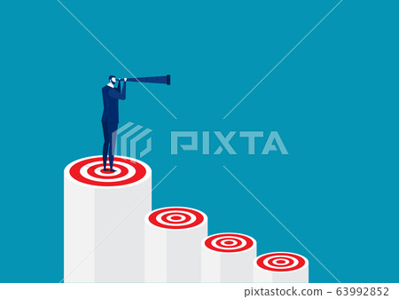 One Business Man standing holding binoculars on red bar target. leadership . 63992852