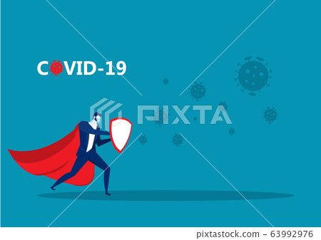 Hero businessman fighting with effect coronavirus 2019 Hero businessman fighting with effect coronavirus 2019 63992976