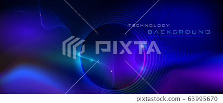 Illustration Abstract glowing, neon light effect, wave line, wavy pattern. Vector design communication techno on blue background. Futuristic digital technology for web or banner background 63995670