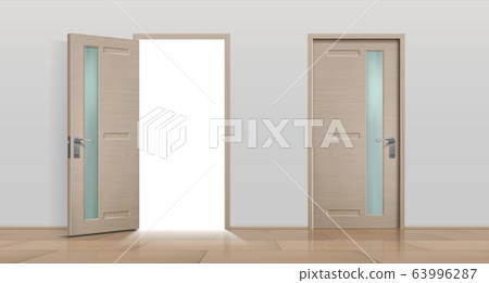 Open and closed doors. Realistic 3D white and brown home and office entry doors. Vector different front doors set isolated on white background Open and closed doors. Realistic 3D white and brown home and office entry doors. Vector different front doors set isolated on white background 63996287