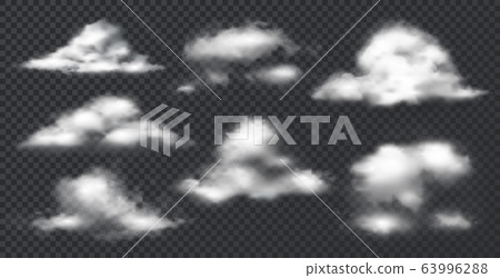 Realistic clouds. White fog and smoke mockup template, transparent atmosphere effect, steam and vapour in air. Vector mist and cloud set 63996288