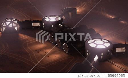A depiction of a base on a hostile and barren planet. The small colony is equipped with two rovers for astronauts to use for exploration of the surface. 3d illustration 63996965