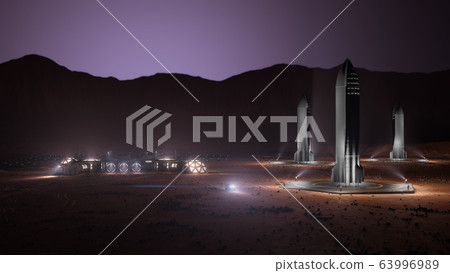 A depiction of a base on a hostile and barren planet. The small colony is equipped with two rovers for astronauts to use for exploration of the surface. 3d illustration 63996989