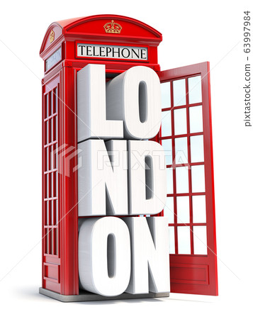Red London telephone booth with text London Red London telephone booth with text London 63997984