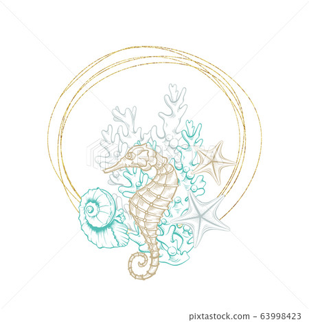 Marine wreath, seashell, seahorse gold line art 63998423