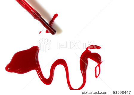 Red nail polish on a white background.Wet drop. Isolate - splashes of nail polish. Interesting and unusual strokes.Brush and sprawled varnish. 63998447