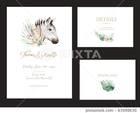 Vector set of invitation cards with watercolor flower savannah wild animals zebra and gold elements. Wedding bouquet collection 63998630