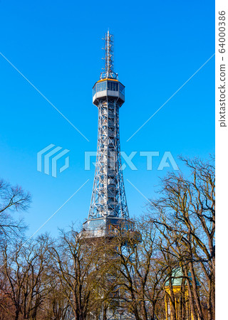 Petrin Tower. Detailed view on sunny day with blue sky background. Prague, Czech Republic Petrin Tower. Detailed view on sunny day with blue sky background. Prague, Czech Republic 64000386