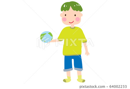 一個男孩笑著手裡拿著地球的插圖 一個男孩笑著手裡拿著地球的插圖 64002233