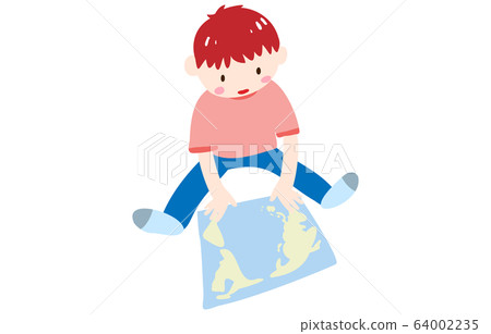 Illustration of a boy looking at the world map Illustration of a boy looking at the world map 64002235