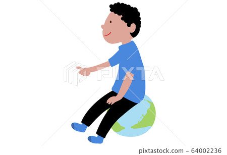 指向手指坐在世界地圖上的靠墊上一個男孩的插圖 64002236