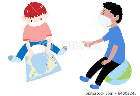 男孩戴著面具，看著世界地圖用別針卡住的插圖 64002245