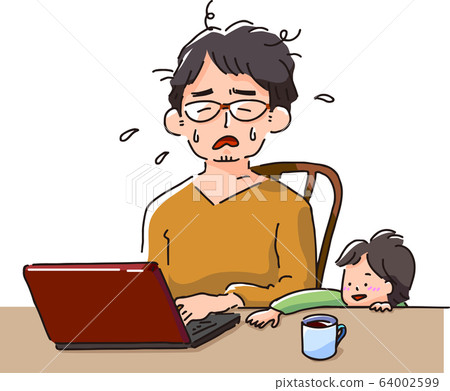 一個男人和一個孩子一起遠程工作 64002599