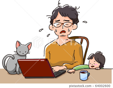 一個男人和一隻貓和一個孩子遠程工作 64002600