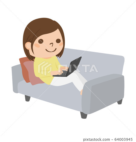 Illustration of a young woman using a laptop on the sofa in the living room. 64003945
