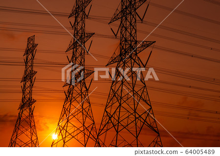 High voltage electric pylon with beauty sunset sky High voltage electric pylon with beauty sunset sky 64005489