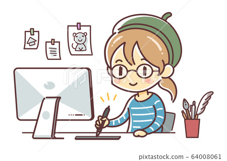 A cartoonist-like woman using a pen tablet (mac, board tab, illustrator) 64008061