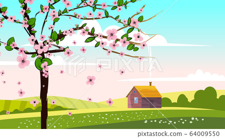 Lovely Countryside landscape farm house hut bloming tree green hills fields, nature, bright color blue sky. Spring, summer country scenery panorama agriculture, farming. Vector illustration cartoon 64009550