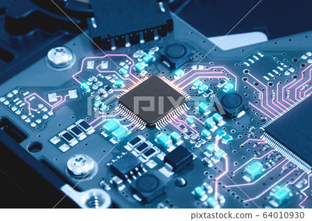 Close-up electronic circuit board. technology 64010930