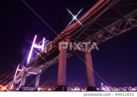 Night view of Yokohama Bay Bridge and Minato Mirai viewed from Daikoku Wharf Night view of Yokohama Bay Bridge and Minato Mirai viewed from Daikoku Wharf 64011833