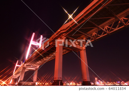 Night view of Yokohama Bay Bridge and Minato Mirai viewed from Daikoku Wharf Night view of Yokohama Bay Bridge and Minato Mirai viewed from Daikoku Wharf 64011834