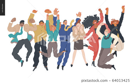 Happy business man and woman jumping in the air cheerfully 64013425