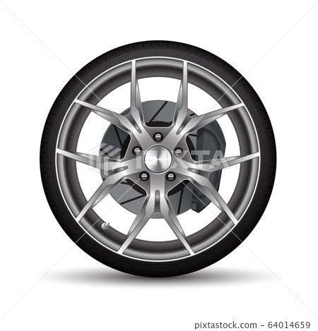 Realistic car wheel alloy black tire with disk brake on white background vector illustration. 64014659