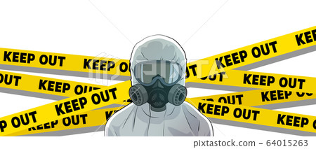 Image illustration of a person wearing protective clothing and a mask, city blockade, no entry, dangerous area, blockade, etc. Image illustration of a person wearing protective clothing and a mask, city blockade, no entry, dangerous area, blockade, etc. 64015263