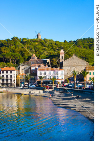 Beach hotels in Collioure village with windmill on 64016041