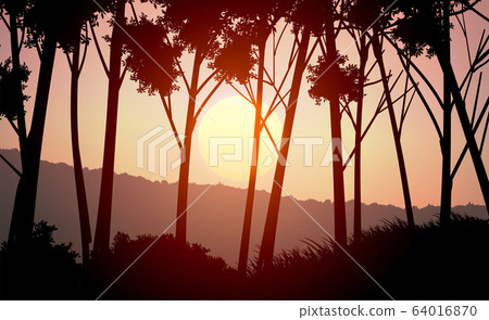 Natural forest mountains horizon hills silhouettes of trees. Evening Sunrise and sunset. Landscape wallpaper. Illustration vector style. Colorful view background. Natural forest mountains horizon hills silhouettes of trees. Evening Sunrise and sunset. Landscape wallpaper. Illustration vector style. Colorful view background. 64016870