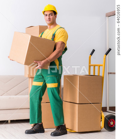 Transportation worker delivering boxes to house Transportation worker delivering boxes to house 64016955
