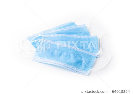Medical respiratory mask protection against coronavirus. Covid-19 virus safety blue masks isolated on white background. Surgical hygienics bandage face. Antiviral infection mask with clipping path Medical respiratory mask protection against coronavirus. Covid-19 virus safety blue masks isolated on white background. Surgical hygienics bandage face. Antiviral infection mask with clipping path 64018264