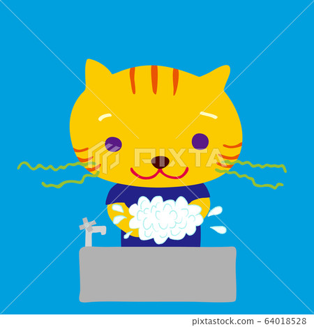 A cute little tiger washing hands 64018528