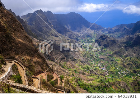 Aerial Hiking trail in Paul Valley, Santo Antao Aerial Hiking trail in Paul Valley, Santo Antao 64018931
