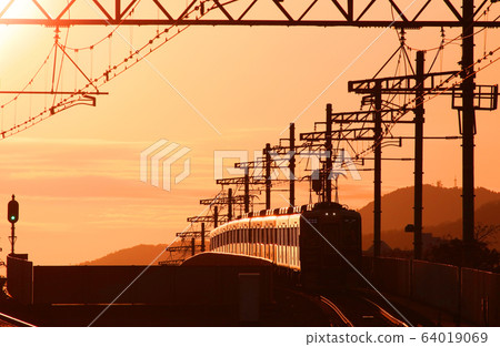 Railway at sunset Hankyu Kobe Line Near Mukogawa Railway Bridge 64019069