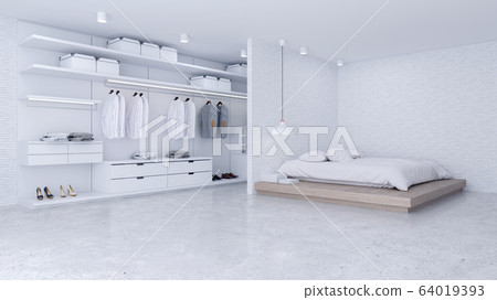 Modern Loft of bedroom and dressing room interior ,walk in closet with white wardrobe,white brick wall and concrete floor ,3d rendering 64019393