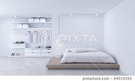 Modern Loft of bedroom and dressing room interior ,walk in closet with white wardrobe,white brick wall and concrete floor ,3d rendering Modern Loft of bedroom and dressing room interior ,walk in closet with white wardrobe,white brick wall and concrete floor ,3d rendering 64019395