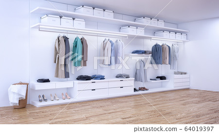 Modern minimalist dressing room interior ,walk - in closet with white wardrobe,3d rendering Modern minimalist dressing room interior ,walk - in closet with white wardrobe,3d rendering 64019397